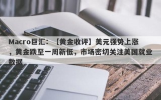 Macro巨汇：【黄金收评】美元强势上涨，黄金跌至一周新低，市场密切关注美国就业数据